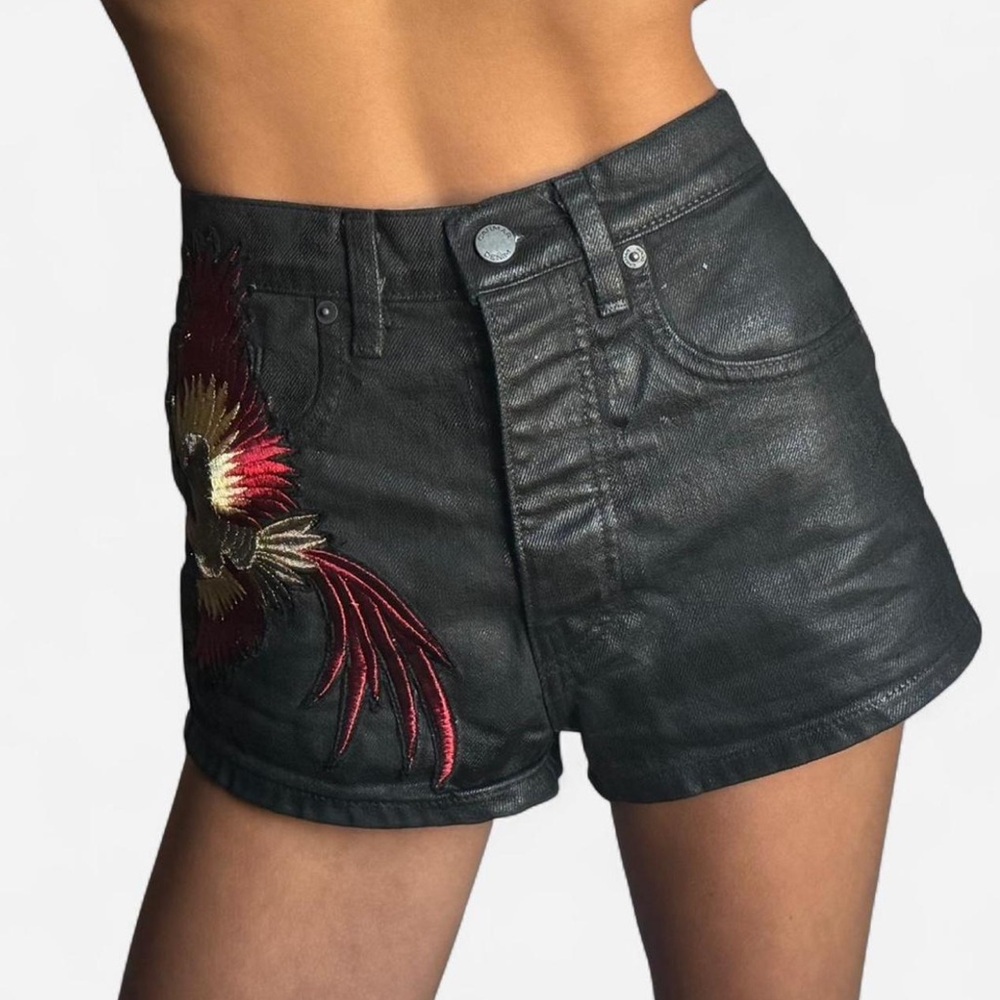 Embroidered Black Leather High Waist Shorts
